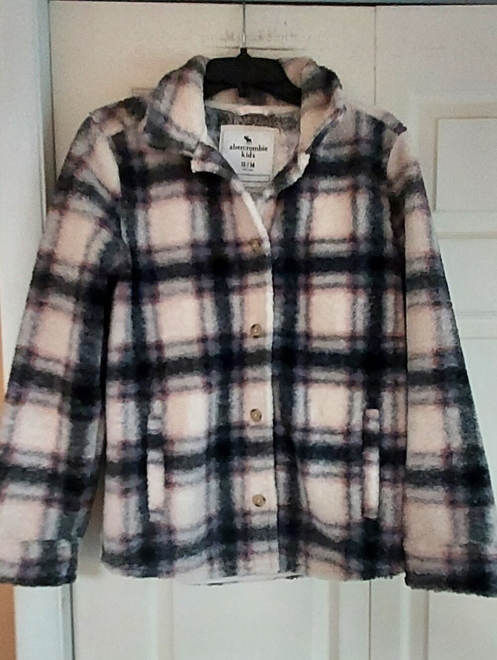 Abercrombie Kids Shaggy Faux Fur Sherpa Plaid Jacket Shacket Button 13/14 Unisex